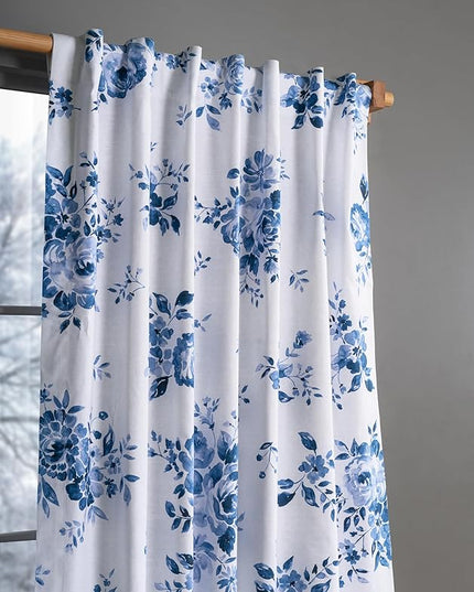 Maison d'Hermine Curtains for Living Room 100% Cotton 124 inch Length Two Panels Window Curtains for Bedroom with Loop & Rod Pockets - Rose Garden - Blue, 50" W x 124" L