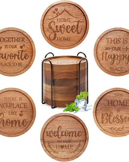 Best House Warming Gifts Acacia Wooden Coasters for Drinks Coffee Table Coaster Set of 6 Pack Farmhouse Decorations Family New Home Housewarming Decor Cute Cup Wood Coasters with Holder