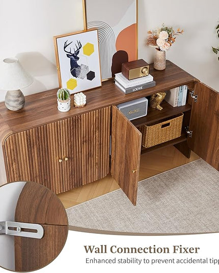 59” Large Buffets Sideboard Cabinet with Storage, Fluted Curved Credenza Buffet Table Storage Cabinet with 4 Doors, Modern Wood Accent Console Table Coffee Bar for Living Room Kitchen Hallway, Walnut
