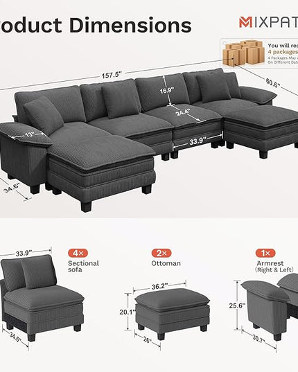 157-Inch U Shaped Sectional Sofa with Cloud Cushions, Deep Seat Modular Couch Set w/ 6 Seats & 2 Ottomans, Removable Arms, Plush Corduroy Upholstery for Living Room, Apartment - Gray