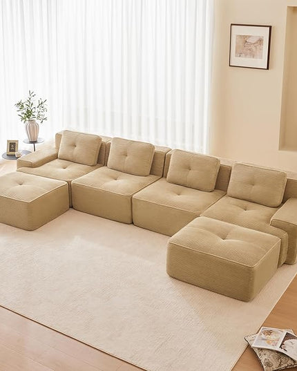 Hommoo 153" Oversized Sectional Sofa, Modular U Shaped Couch with Ottoman, Comfy Corduroy Couches with Deep Seat, 6 Seat Convertible Boneless Sofa for Living Room No Assembly Required Camel
