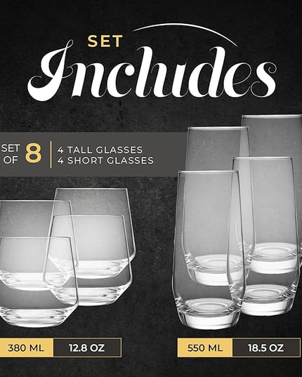 Short & Tall Drinking Glasses Set of 8 - 4 Tall Water Glasses and 4 Short Small Glass Cups Set - Elegant Glass Drinkware - Deluxe Glassware Sets for Highball Sparkling Cocktails, Wine, Beer, Whiskey
