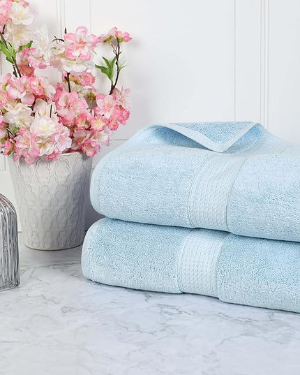 Superior Egyptian Cotton Pile Bath Sheet Set of 2, Ultra Soft Luxury Towels, Thick Plush Essentials, Absorbent Heavyweight, Guest Bath, Hotel, Spa, Home Bathroom, Shower Basics, Light Blue