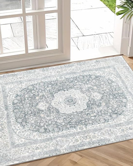 Small Rugs 2x3,Grey Rug for Entryway Bathroom Bedroom Kitchen Entrance Doormat,Boho Vintage Bohemian Distressed Washable Accent Floor Throw Carpet Non Slip,Floral