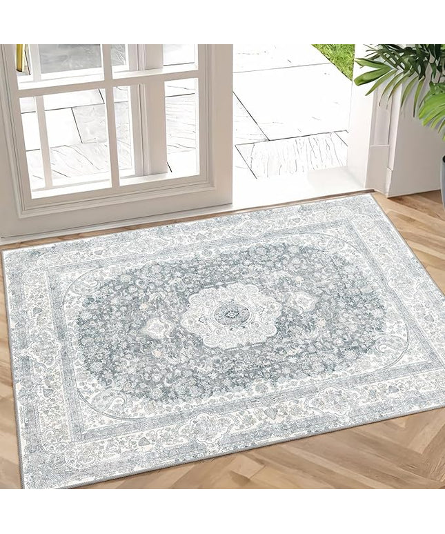 Small Rugs 2x3,Grey Rug for Entryway Bathroom Bedroom Kitchen Entrance Doormat,Boho Vintage Bohemian Distressed Washable Accent Floor Throw Carpet Non Slip,Floral