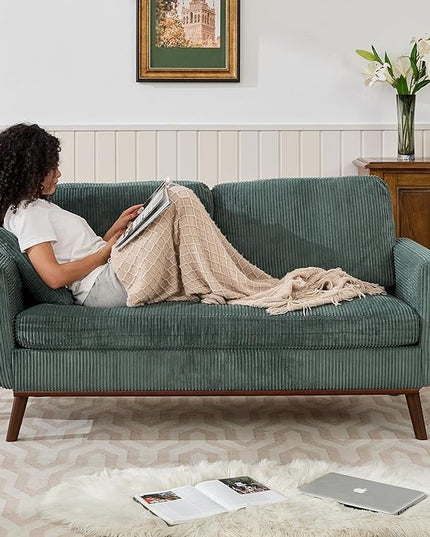 Tbfit 65" Corduroy Love Seat with Spring Cusions, Mid Century Modern Loveseat Sofa for Livingroom & Bedroom, Comfy Upholstered Small Couch