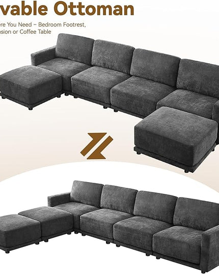 143.8" Modular Sectional Sofa Modern Chenille U Shaped Couch with Thickened Seat Cushions, Easy Assembly, Upholstered 6 Seater Couch with 2 Movable Ottomans for Living Room, Grey
