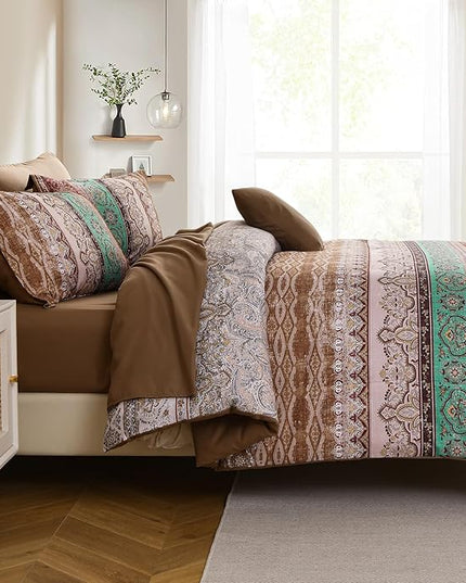 Cottolester Boho Comforter Set Full Size 8 Pieces, Brown Bohemian Striped Bed in a Bag, Paisley Soft Microfiber Bedding Comforter Set