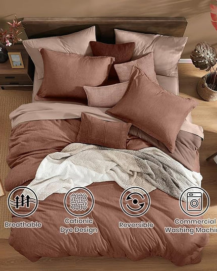 Monbix California King Comforter Set - 7 Pieces Cationic Dyeing Terracotta Bed in a Bag Cal King Bed Sets with Comforter, Sheets, Pillowcases & Shams, Reversible Bedding Comforters Sets (108 * 92)