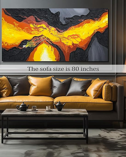 GUGIKA Large Abstract Wall Art for Living Room, Hand Painted 3D Textured Magma Paintings, Black and Gold Yellow Volcanic Lava Canvas Wall-Decor for Bedroom, Size 72x36 Inches