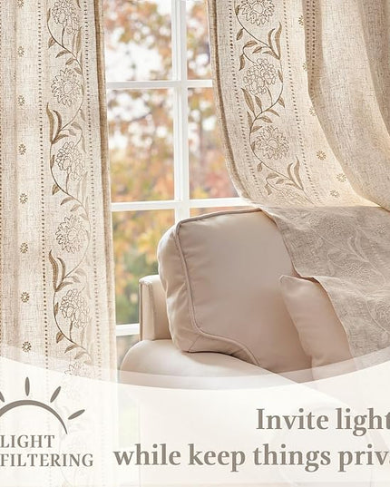 jinchan Winslow Lined Linen Curtains for Bedroom 63 Inches Linen Blended Embroidered Bordered Floral Curtains for Living Room Farmhouse Decor Window Treatments Ivory on Beige Drapes 2 Panels