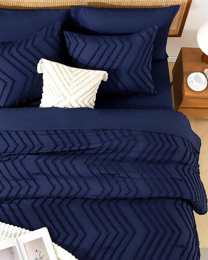 Litanika Queen Size Comforter Set with Sheets Navy Blue - 7 Pieces Bed in a Bag Queen Chevron Tufted Complete Bedding Sets with Comforter, Sheets, Pillowcases & Shams