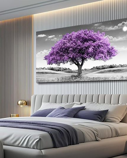 Large Canvas Wall Art for Living Room Wall Decor for Office Aesthetic Bedroom Wall Decorations Purple Tree Landscape Painting Black and White Pictures Artwork Room Modern Home Decor
