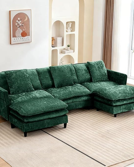 Modular Sectional Sofa,143.31'' Modern Sofa Sleeper Couch,Comfy Cloud Couches with 3 Seat & 2 Ottoman & 3 Pillows Sofa Set,Deep Seat Sofa with Movable Ottoman for Living Room,Chenille(Green, U Shaped)
