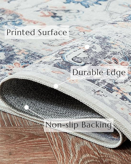 jinchan Area Rug 8x10 Living Room Rug - Washable Vintage Large Boho Floral Floor Cover Lightweight Low Pile Thin Non-Slip Retro Distressed Carpet for Bedroom Dining Room Kitchen Office Grey Multi