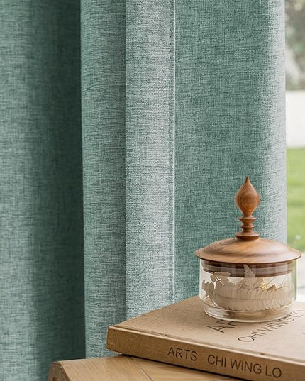 Textured Linen Double Pleats 100% Blackout Curtains for Bedroom/Living Room Blackout Curtains 108 Inches Long, Energy Saving Window Treatment Curtains,26Wx108Lx2,Green