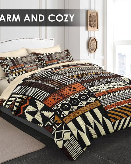 Comforter Set King Size, Vintage Tribal African 7 Pcs Bedding for Kids and Adults, Brown Abstract Patchwork Bed Sheet Sets with Fitted Sheet 2 Pillowcases & 2 Shams