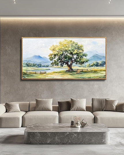 PHAOHUAXM Farmhouse Wall Art For Dining Room Canvas Wall Decor For Bedroom Office Green Tree Ink-Wash Landscape Painting Pictures Art Aesthetic living room Home Decor Posters 20x40 In Wood Framed