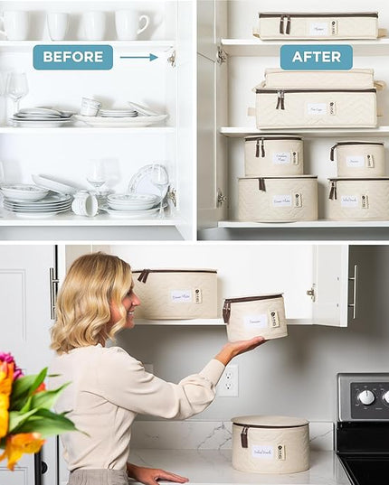 Hard Shell China Storage Containers 12-Piece Set Moving Boxes for Dinnerware, Glasses, Plates, Mugs and Saucers Sturdy Dish Organizer with Dividers for Seasonal Storage - Service for 12 -Beige Quilted