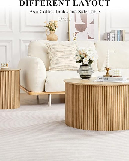 Fluted Round Nesting Coffee Table Set of 2, Mid Century Modern Wood Coffee Table and End Table Set, Minimalist Center Tables Circle Side Table for Living Room, Office(Natural)