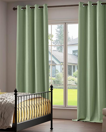 100% Blackout Linen Textured Curtains 95 Inch Length 2 Panels Set for Living Room, Bedroom, Light Weight Curtains with Grommets Top, Full Blackout Curtains Privacy Protection, Green, 52" W x 95" L