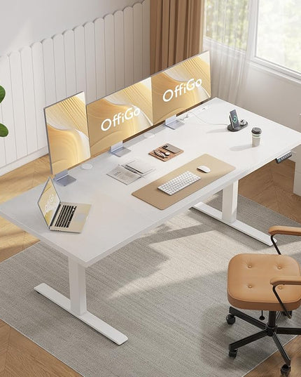 OffiGo Electric Standing Desk with 3-Piece Board, 79 Inch Height Adjustable Large Desk with Power Outlets, Sit Stand Table, Writing Computer Workstation for Home, Office, White