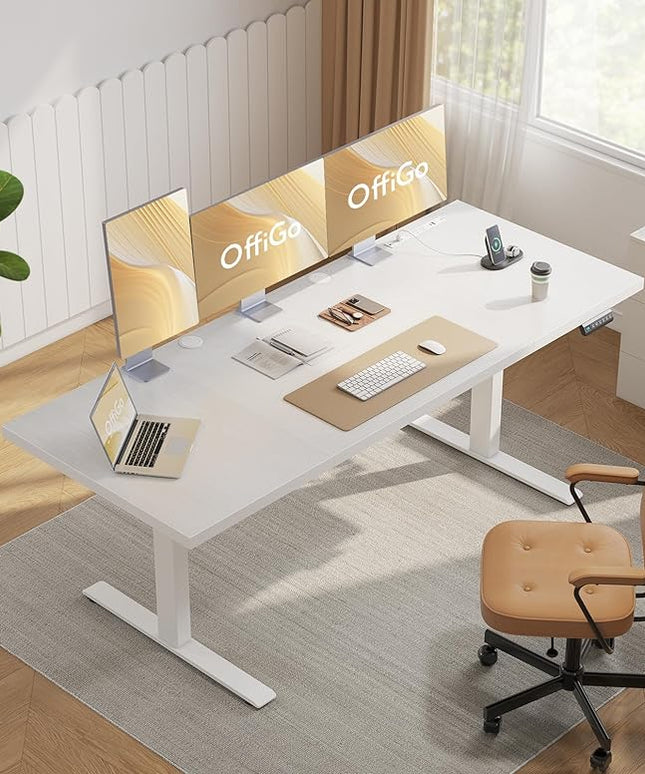 OffiGo Electric Standing Desk with 3-Piece Board, 79 Inch Height Adjustable Large Desk with Power Outlets, Sit Stand Table, Writing Computer Workstation for Home, Office, White