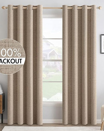 MIULEE 100% Blackout Linen Textured Curtains for Bedroom Solid Thermal Insulated Copper Brown Grommet Room Darkening Curtains & Drapes Luxury Decor for Living Room Nursery 52 x 108 Inch (2 Panels)