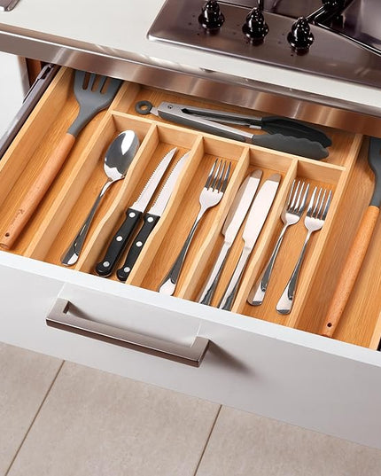 Large Premium Bamboo Silverware Organizer - Expandable Drawer Organizer & Utensil Organizer - 17"x19.7" Cutlery Tray with Dividers for Kitchen Utensils and Flatware (7-9 Slots) (Natural)