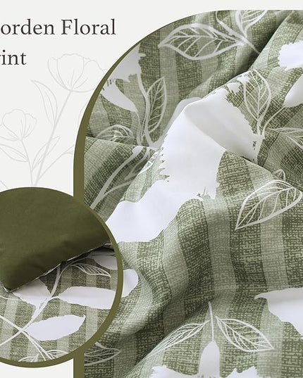 Full Comforter Set -7 Pieces Botanical Olive Green Comforter Set for All Seasons, Bed in a Bag Full with Flowers Floral Comforter, Sheets, Pillowcases & Shams