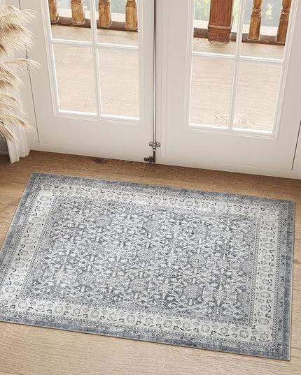 jinchan Floral 2x3 Rugs for Entryway - Machine Washable Grey Vintage Distressed Boho Design Soft Faux Wool Small Non-Slip Doormat for Entrance Kitchen Living Room Bedroom Farmhouse (2‘x3', Grey)