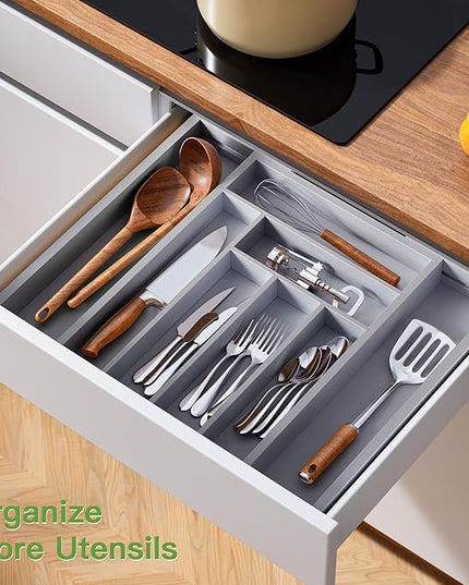 Pipishell Bamboo Expandable Drawer Organizer for Utensils Holder, Adjustable Cutlery Tray, Wood Drawer Dividers Organizer for Silverware, Flatware, Knives in Kitchen, Bedroom, Living Room(Grey)
