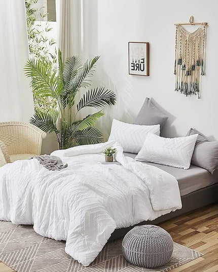 Houseri California King Comforter Set White Boho Tufted Jacquard Bedding Sets Cal King Women Solid White Shabby Chic Comforters Men Modern Soft Comfy Plain White Farmhouse Tassels Bed Quilt King Plus