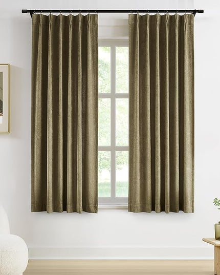 Vision Home Mocha Brown Pinch Pleated Light Filtering Curtains Velvet Chenille Semi-Blackout Window Curtain Panels 72 inch for Living Room Bedroom Brown Pinch Pleat Drapes with Hooks 36" Wx72Lx2