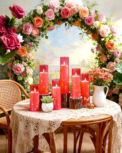 Flickering Flameless LED Candles,Battery Operated Candles 9 Pcs with Embedded Star String,Acrylic LED Pillar Candles with Remote,Suitable for Home Decoration to Create an Atmosphere (Pink)