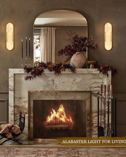 Alabaster Wall Sconce 13.8in Natural Spanish Marble Wall Sconces, Dimmble Gold Modern Bathroom Sconces Vanity Lighting, Antique Brass Sconce Wall Lighting for Living Room, Bedroom, Hallway, Stairs