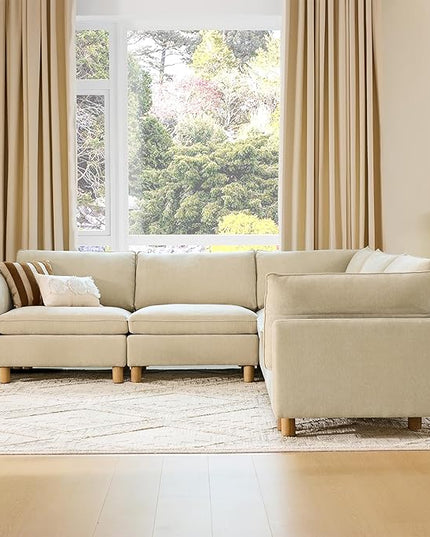 CHITA 118" Super Large Sectional Couches for Living Room, Modular Cloud Couch Sectional Sofa, Premium Fabric Couches, Down Filled, High Density Foam, Chenille in Beige, 5 Seat Corner Couch
