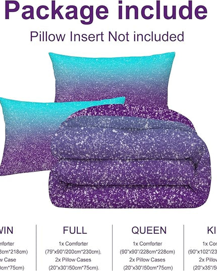 Gradient Glitter Comforter Set King Size 3D Colorful Bedding Set for Girls Kids Adults, Colorful Gradient Glitter Themed Bedding in A Bag Blue Purple 3D Sparkly Galaxy Bedroom Decor Bedding Set