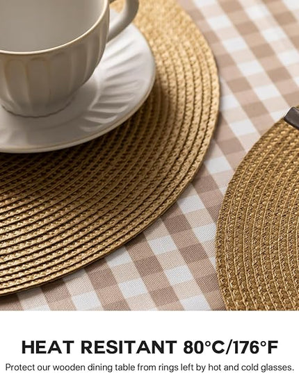 Round Placemats Set of 6 Plastic Woven Placemats Washable Wipeable Table Mats for Dining Table Heat Resistant Non-Slip Circle Place Mats (Tan)