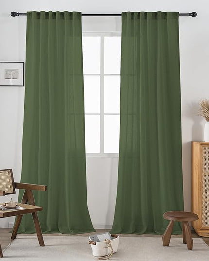 Sage Green Sheer Linen Curtains 96 Inch Long for Living Room 2 Panels Back Tab Pocket Soft Light Weight Airy Semi Privacy Linen Sheer Curtains for Bedroom Dining Cottage Urban Decor 8 FT 52x96