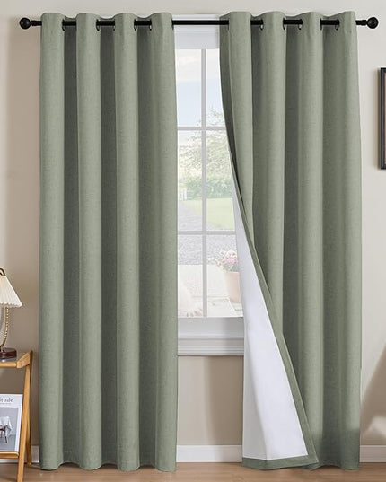 H.VERSAILTEX Linen Curtains 100% Blackout Curtains for Bedroom 102 inch Long Full Light Blocking Nature Linen Blended Window Curtains for Living Room Nickel Grommet (2 Panels, Heathered Dried Sage)