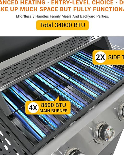 4-Burner Gas Grill with Side Burner & Cover, 51000 BTU Stainless Steel Outdoor BBQ Grill, 452 sq.in Cooking Area, Ideal for Backyard, Patio Large Gatherings