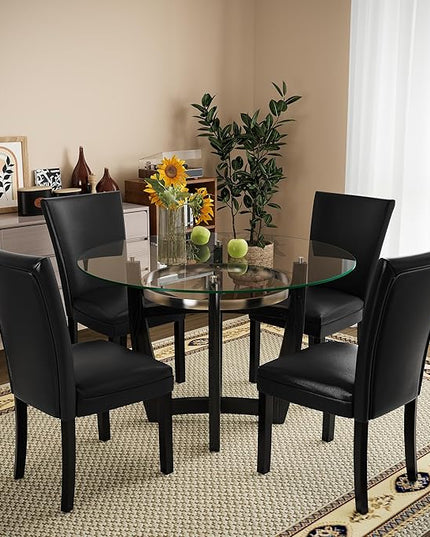 PADMA HOUSE Round Glass Dining Table Set for 4, 45in Modern Kitchen Dinner Table with 4 Parsons Leather Dining Chairs 5 Piece Dining Room Wood Glass Table Chair Set, Clear&Black