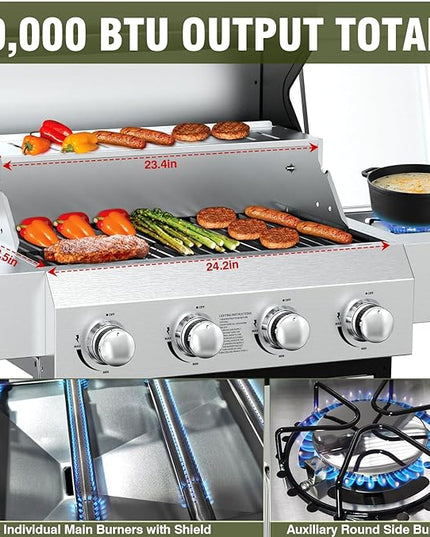 BESTFIRE 60,000 BTU 4+1 Burner Propane Gas Grill - 647 sq. inches Stainless Steel Outdoor BBQ with Porcelain-Enameled Cast Iron Grates, Side Burner & Storage Cabinet for Patio and Backyard Cooking