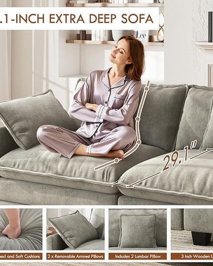 WorthFurni 77 Inch L Shape Cloud Sofa, Modular Sectional Couch with Ottoman, Comfy Chenille Deep Seat Loveseat with Pillow for Living Room Bedroom Apartment （Grey）