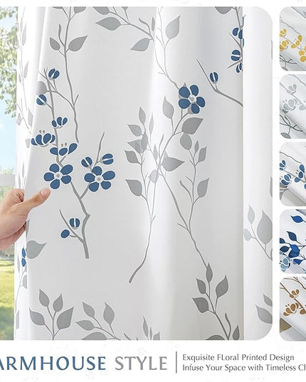 Beauoop Floral 100% Blackout Curtains 96 Inches Long 2 Panels for Bedroom Living Room Blue Grey and White Flower Patterned Room Darkening Thermal Soundproof Rod Pocket Back Tab Window Drapes, 52X96