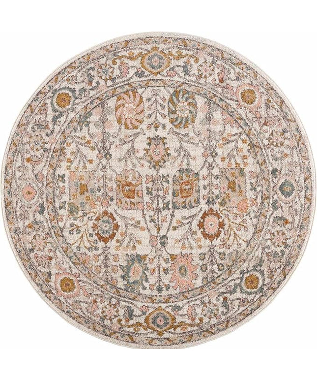 BoutiqueRugs Herstmonceux Boho Vintage Colorful Area Rug - Farmhouse Traditional Floral Coral Carpet for Living Room, Bedroom - Cream, Green, Sage, Red, Gray, Taupe, Coral - 5'3" Round