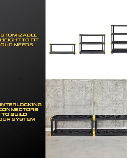 CX Black & Yellow, 4-Tier Heavy Duty Plastic Storage Shelving Unit, 200lbs/shelf (55"H x 48"W x 20"D), for Garage Tools, Basement & Outdoor Organization, Modular Rack