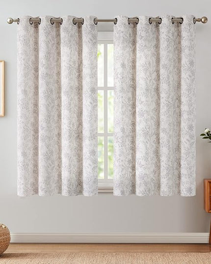 Lazzzy Linen Farmhouse Curtains for Living Room 63 Inch Length Floral Print Window Curtains Semi Sheer Drapes for Bedroom Country Light Filtering Curtain Grommet Top 2 Panels Purple Grey on Beige