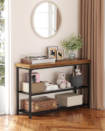 47" Console Table with Storage, 3-Tier Narrow Entryway Table, Sofa Table with Mesh Shelves, Console Tables for Living Room, Bedroom, Hallway, Entryway, Foyer, Rustic Brown